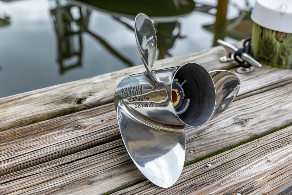 Yamaha Saltwater Series XL stainless steel propeller on a dock